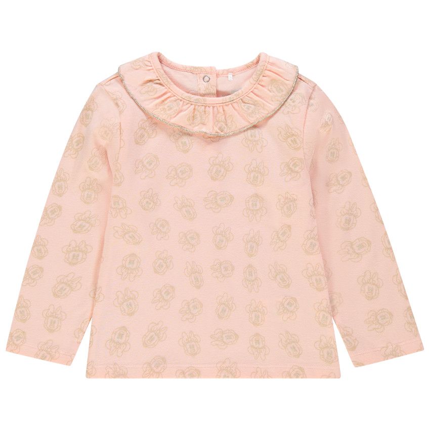 T-shirt manches longues à col volanté et  imprimé Minnie Disney - Rose