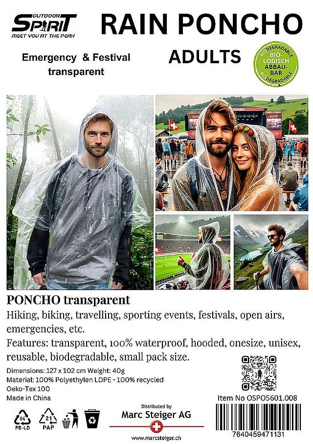 Regen-Poncho One Size Adults Oeko-Tex 100% recycled LDPE