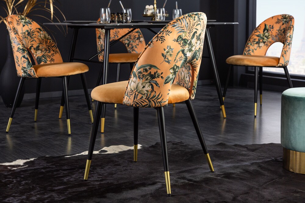 riess-ambiente Stuhl PRÊT-À-PORTER - Design grau Samt florales Muster goldene Fußkappen