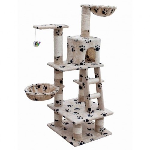 Poste arranhador de pelúcia para gatos, bege, com estampa de patas.