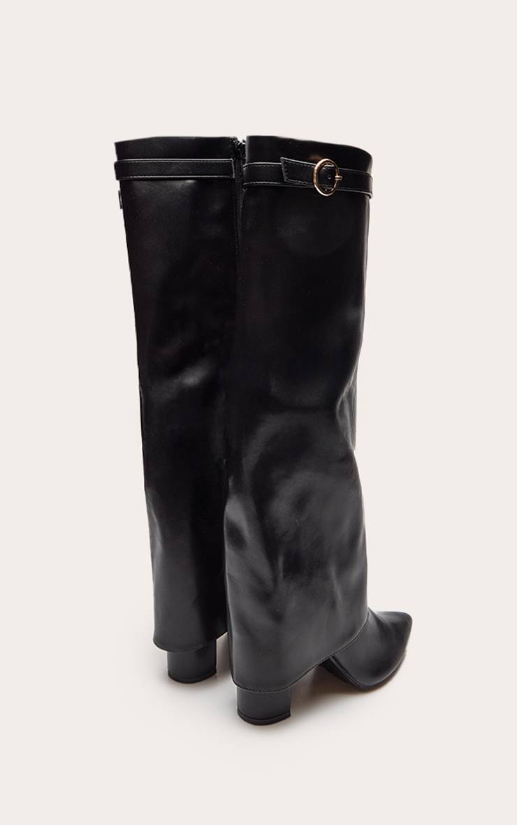 Noir Botte À Talon Bloc En Synthétiquecuir Avec Revers Et Boucle