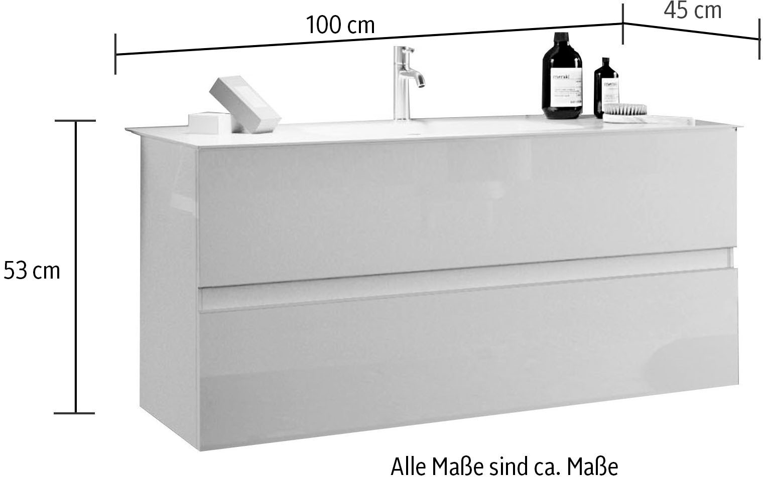 welltime Waschtisch »Start, Breite 100 cm, 2 bzw. 3 Schubkästen« Badmöbel, Soft-Close, Keramik-Einsatzbecken, Weiss Hochglanz Lack