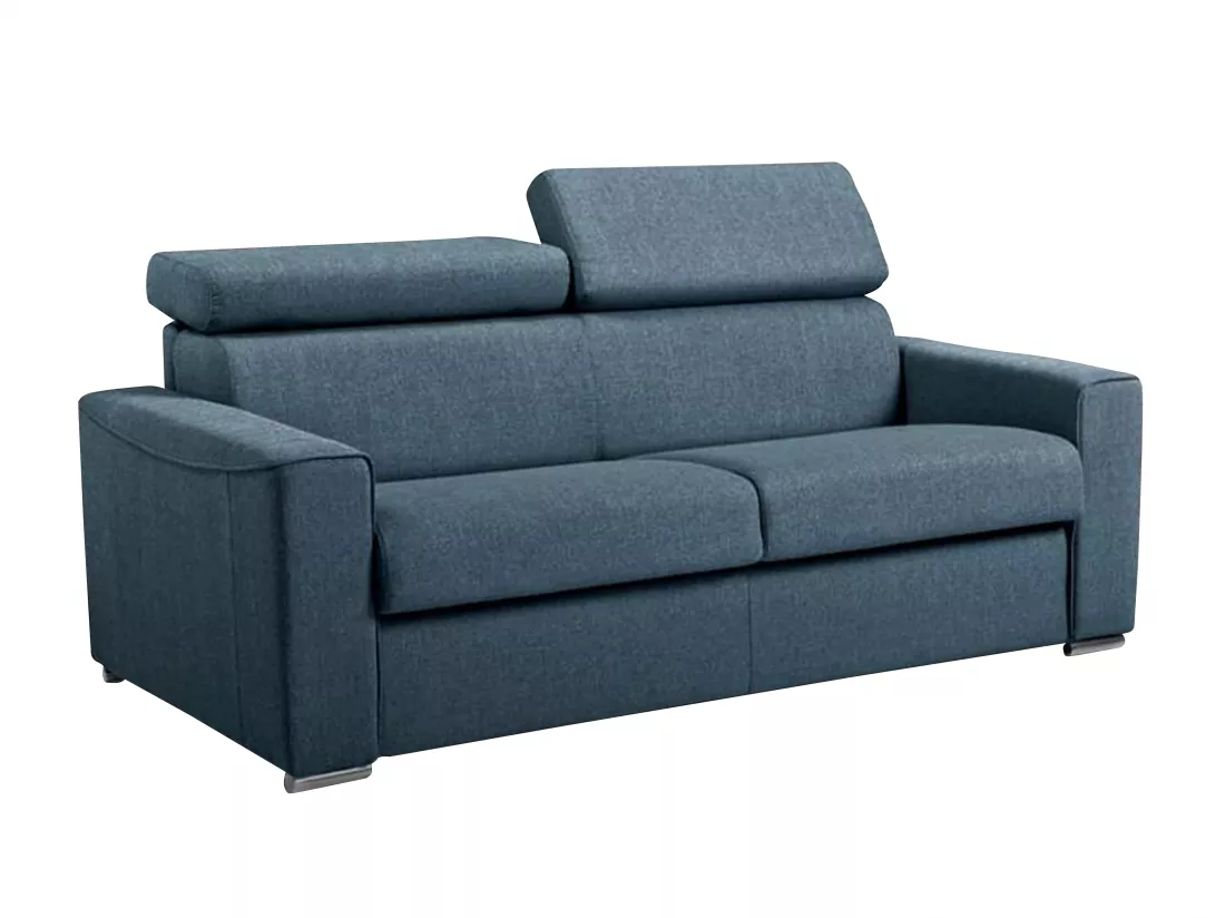 Canapé 3 places convertible express en tissu bleu - couchage lattes larges 140 cm - Matelas 18 cm avec mémoire de forme VIZIR