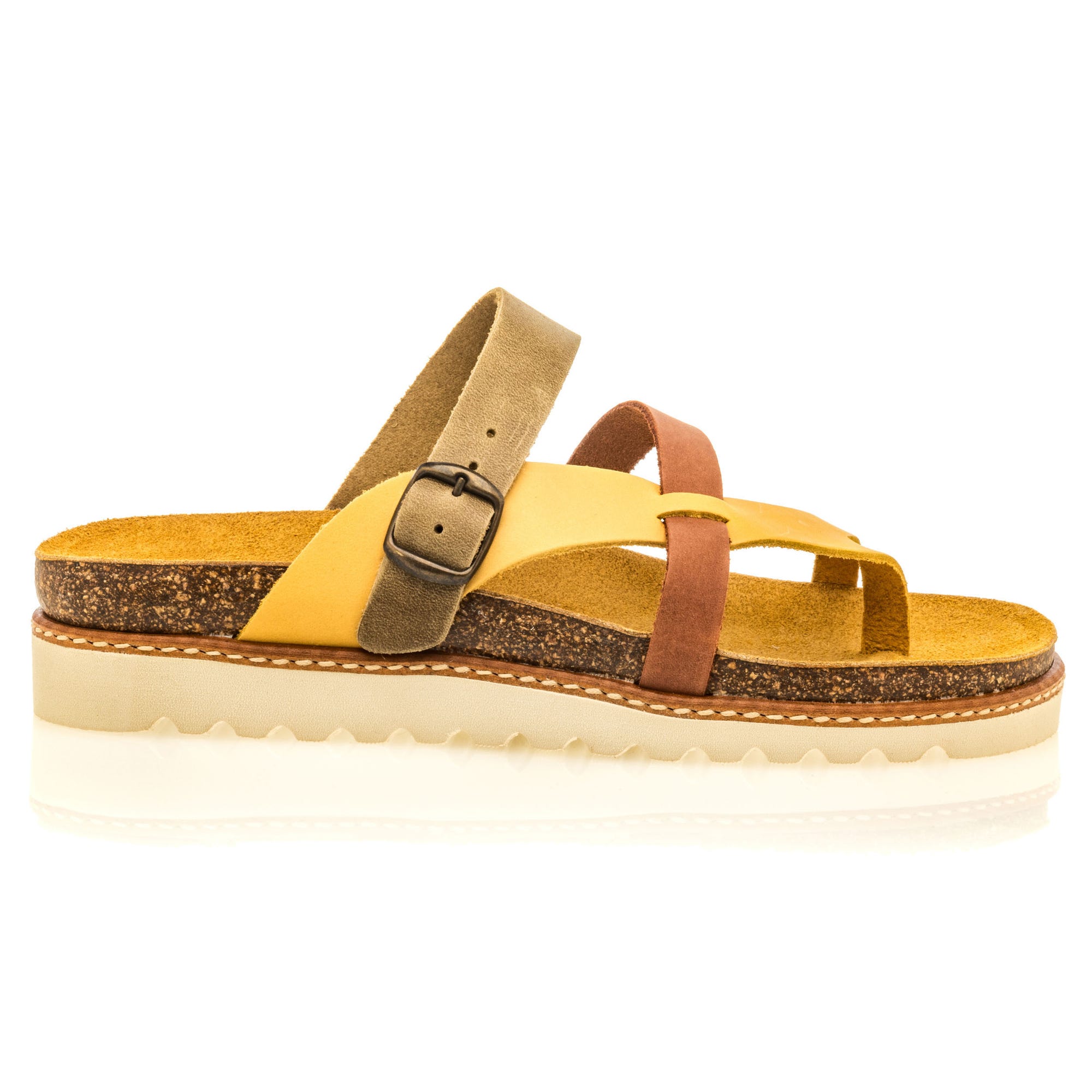 Mules semelle liège Femme en cuir jaune