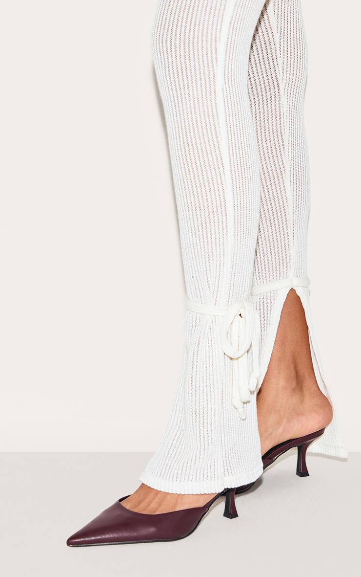 Crème Legging Côtelé Transparent Doux Avec Ourlets Fendus Et Liens Décoratifs