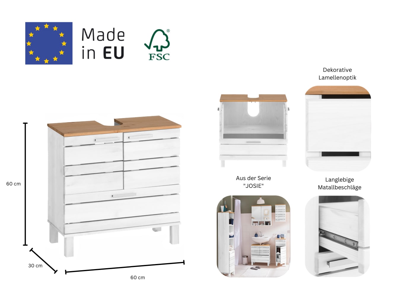 Home affaire Waschbeckenunterschrank »JOSIE« Breite 60, aus Massivholz, Metallgriffe, 1 Schublade & 2 Türen