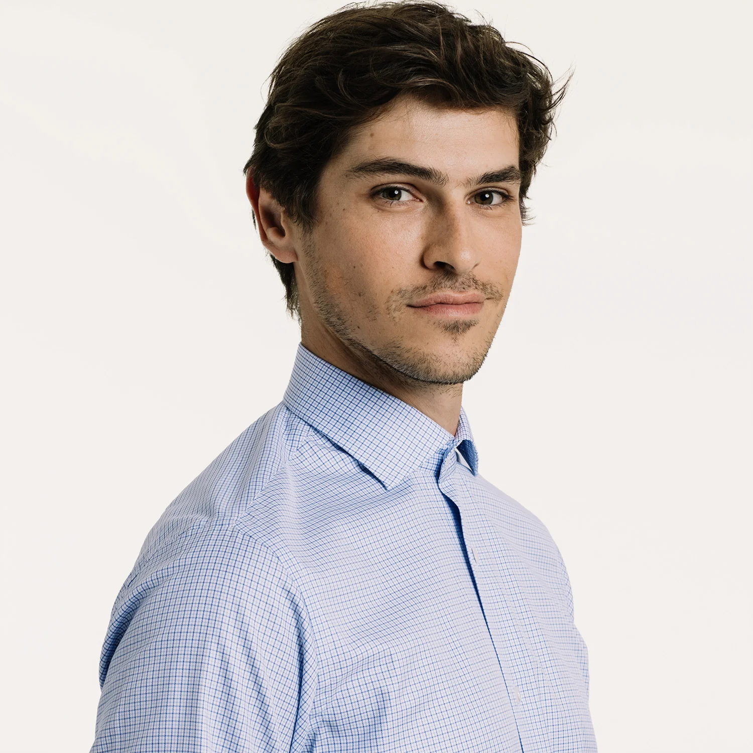 Double-twisted twill shirt with blue checks