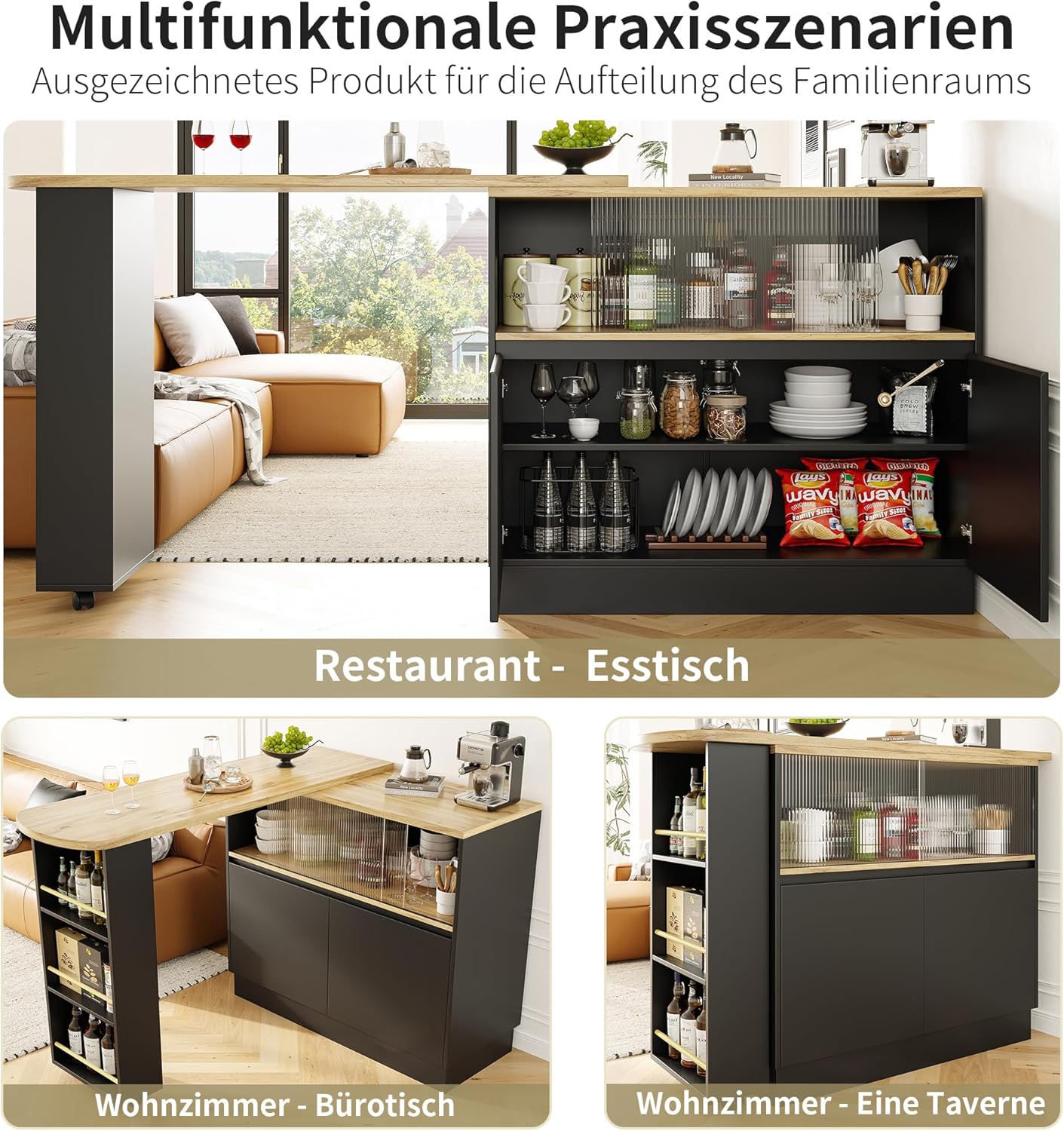 Kebnor Um 360° drehbare Essbar (Hauptkörper 90 x 45 x 100 cm), modernes, einfaches, multifunktionales, drehbares Sideboard mit Ablageflächen und Glas, geeignet für Küchen und Restaurants (schwarz)