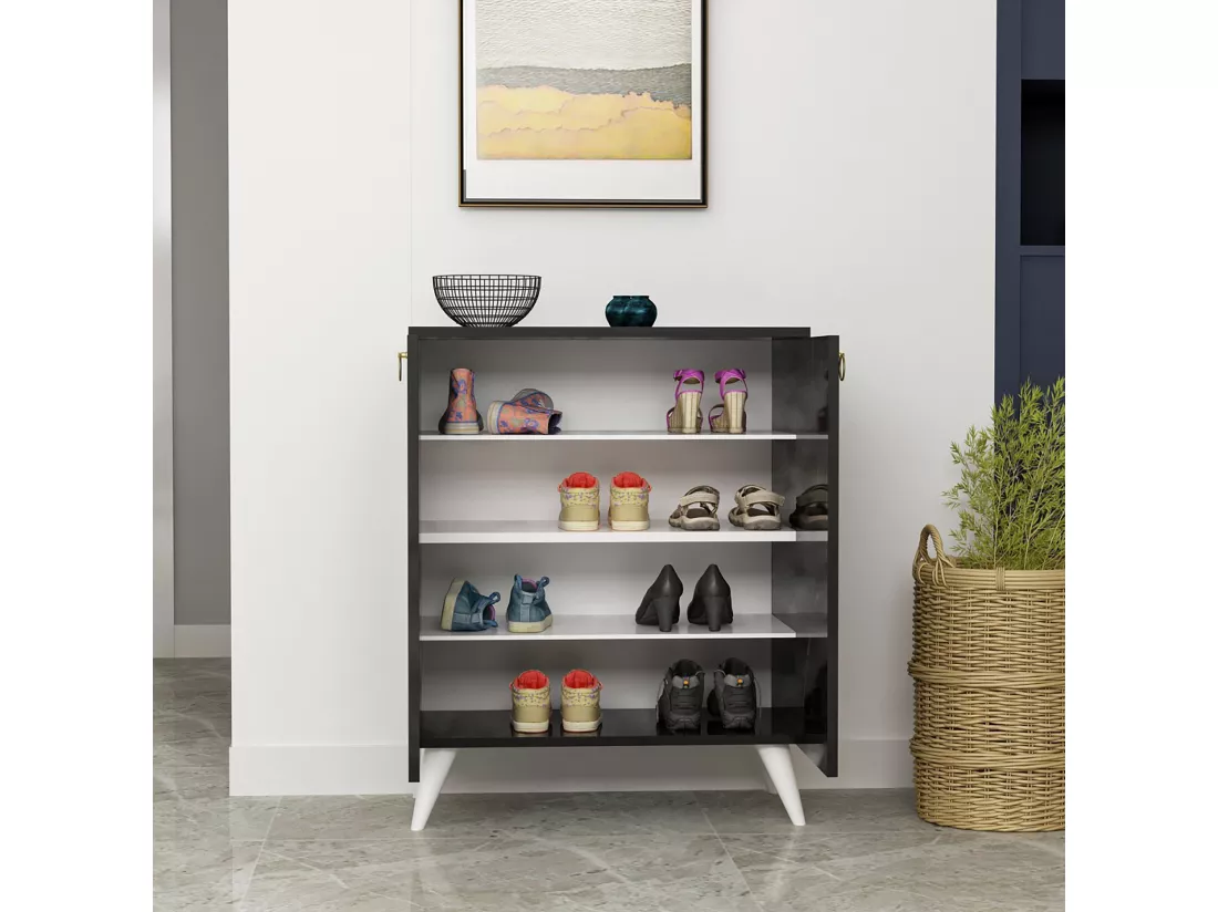 Meuble à chaussures Gjern à 4 niveaux avec 2 portes 91 x 72 x 37 cm marbre noir / blanc [en.casa]