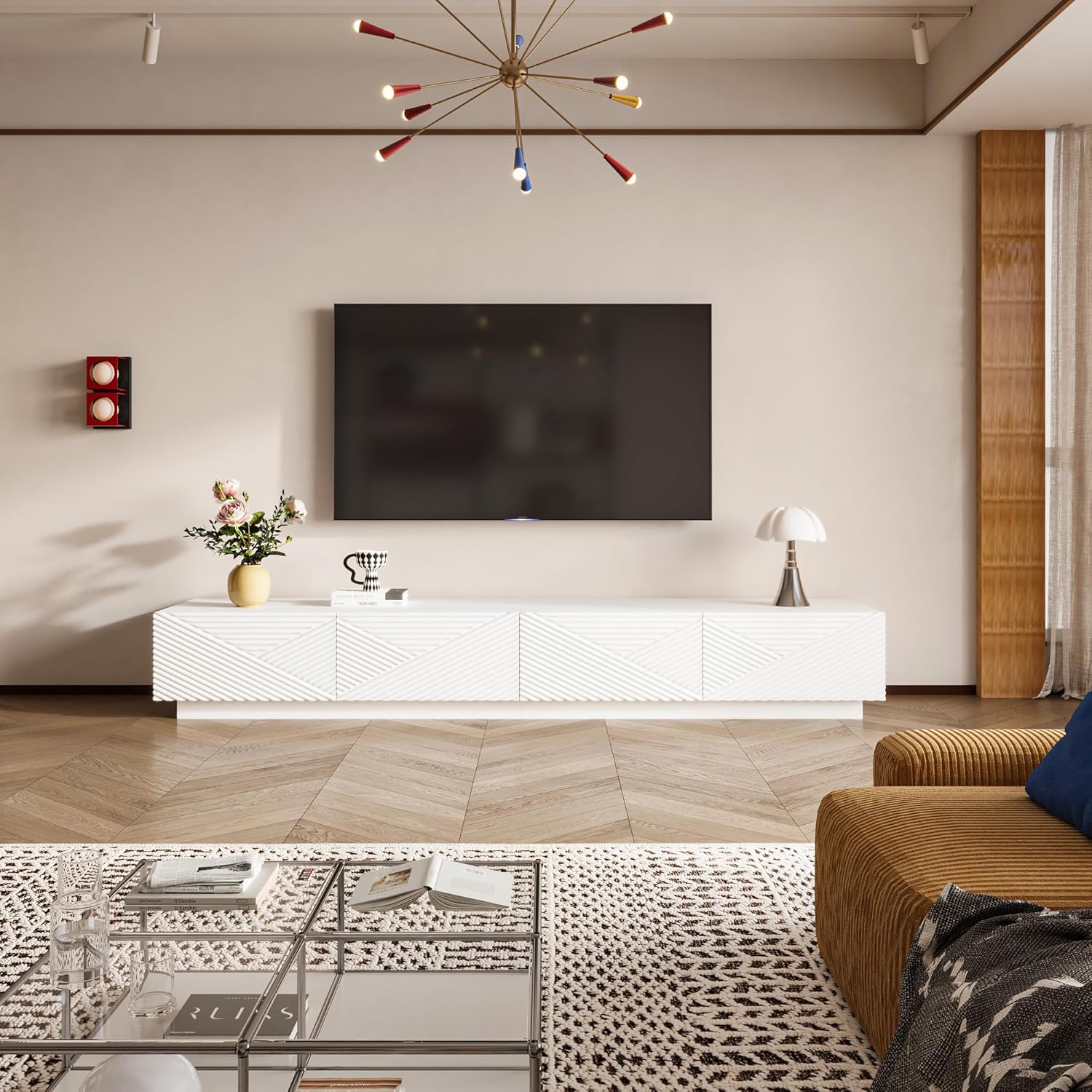 TV-Lowboard 200 cm im Industrie-Design, Fernsehtisch mit 2 großen Schubladen, TV-Unterschrank für Wohnzimmer, TV-Board in Braun-Schwarz, Modernes TV-Regal aus MDF, 40 × 200 × 30,5 cm