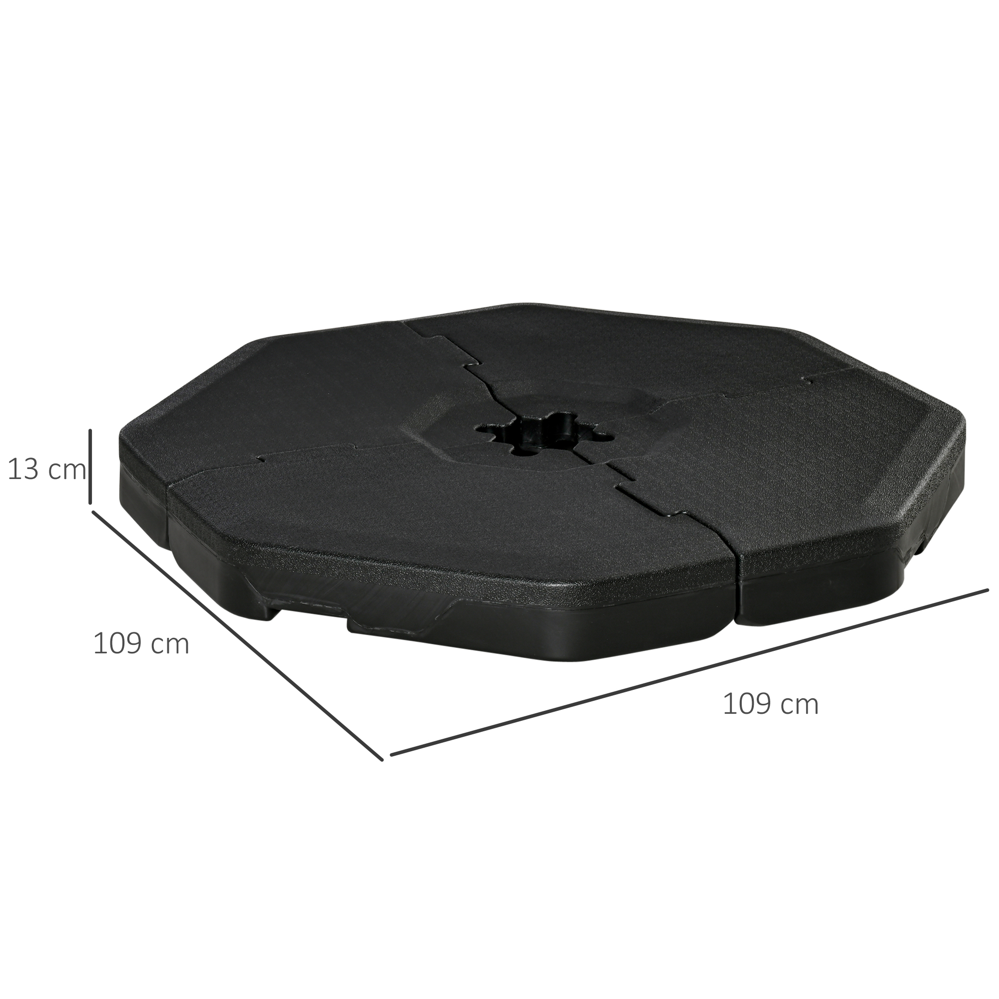 Conjunto de 4 pesos Outsunny para base de guarda-sol: 104 kg para água, 125 kg para areia ou 140 kg para mistura. Dimensões: 109 x 109 x 13 cm. Cor: Preto.