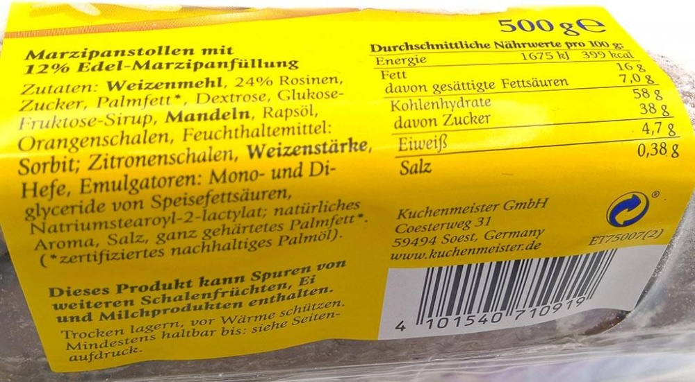 Kuchenmeister Stollen mit Edel-Marzipan 500g MHD:11.3.25