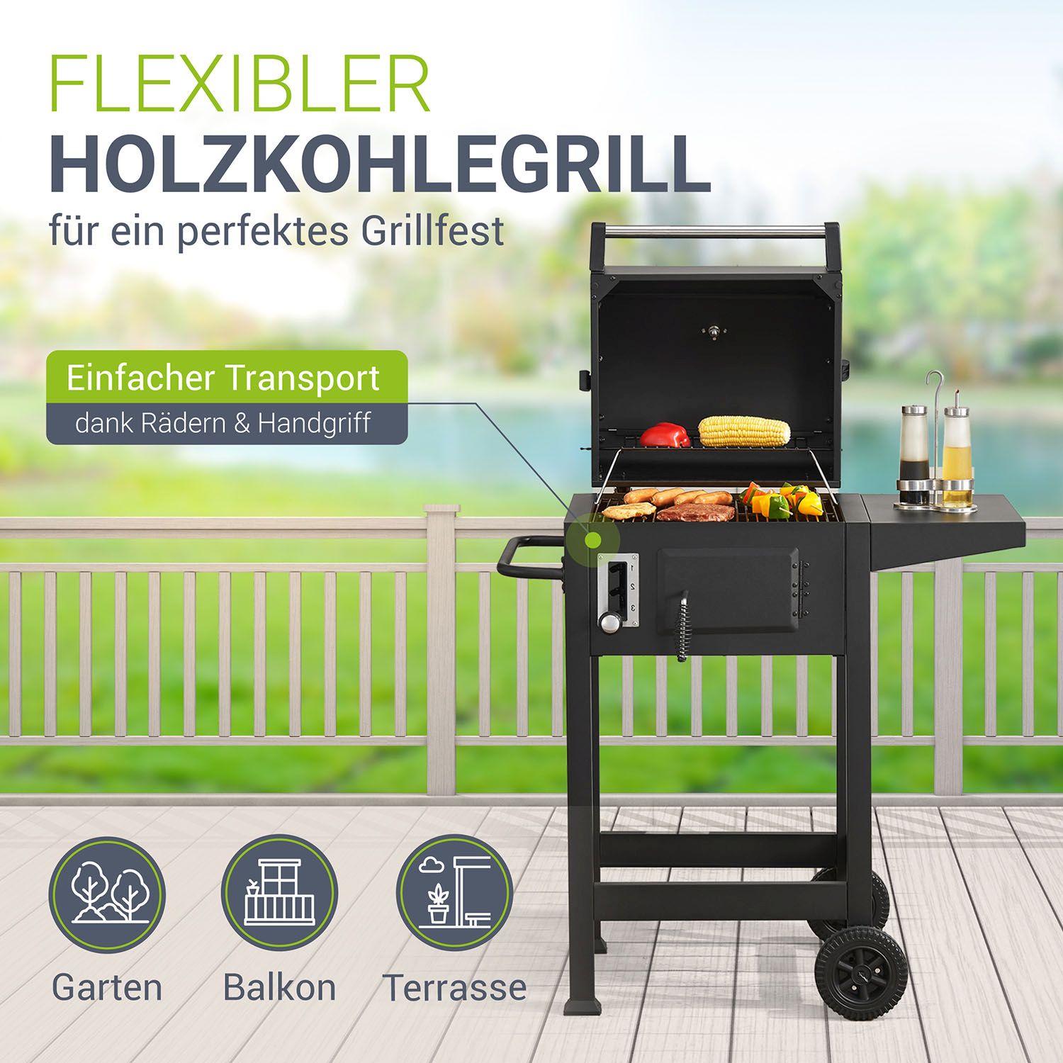 Juskys Holzkohlegrill Missouri - Deckel, Räder, verstellbare Kohlewanne & Abdeckhaube