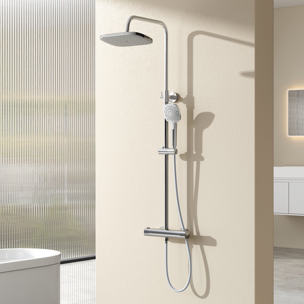 EMKE Douchesysteem Doucheset met thermostatische regendouche en 3 straalsoorten Handdouche, 38°C Thermostatische douchekolomset Doucheset, KTW-gecertificeerd Douchesysteemset, Vierkant, Chroom