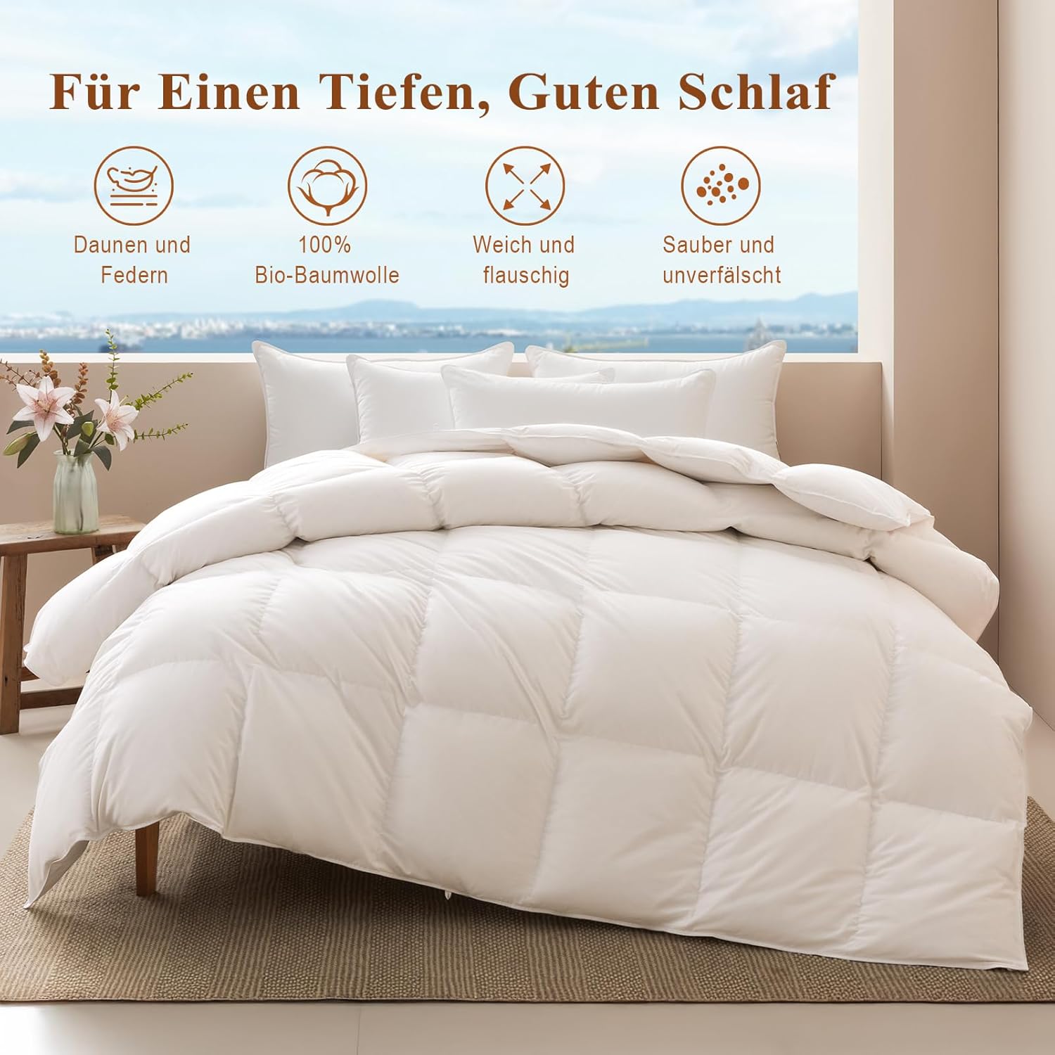 APSMILE Daunendecke 220x240 Ganzjahres I 100% Baumwolle Bettdecke mit 50% Gänsedaunen & 50% Gänsefedern I Allergiker geeignet (Ökotex) | Tierwohl Zertifiziert (DOWNPASS) | Waschbare Federbettdecke