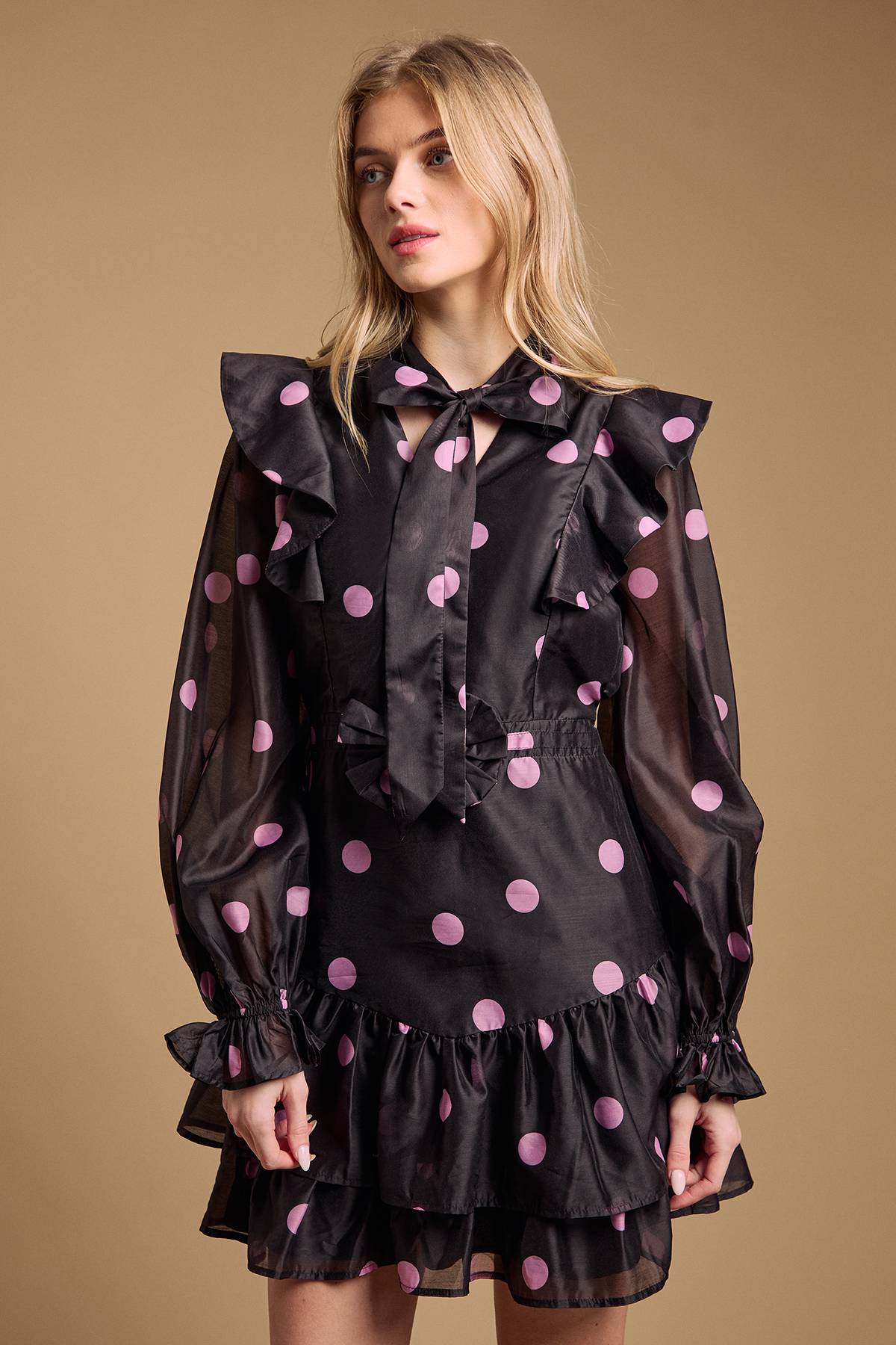 Oasis Robe Mini Évasée à Volants avec Col Noué
