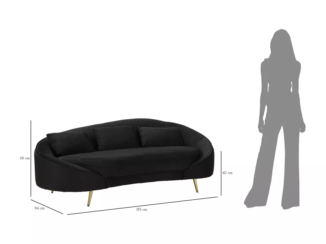 CANAPÉ 3 PLACES OSLO AVEC COUSSINS NOIR CM 185X84X68