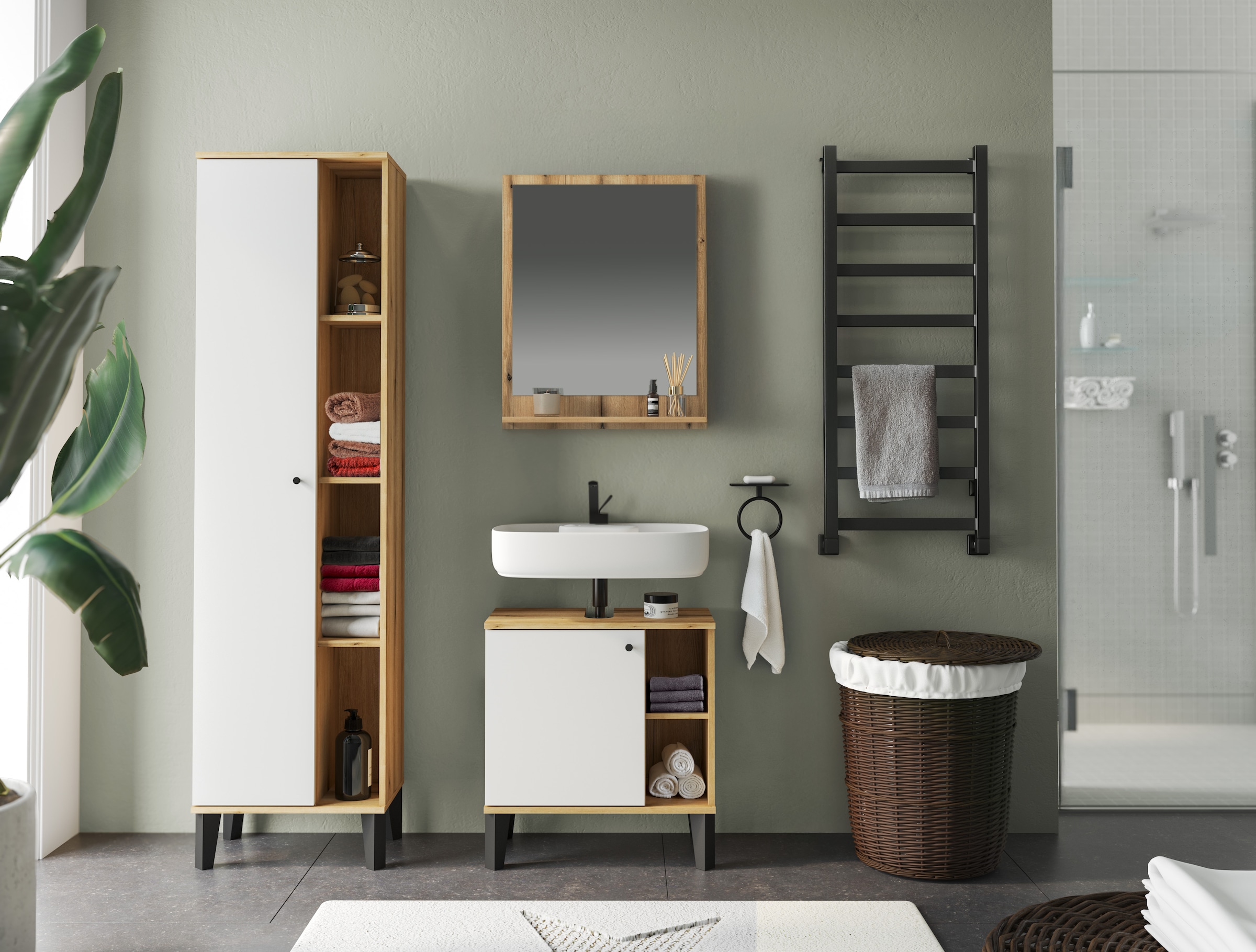 INOSIGN Badspiegel »Oslo, Spiegel in Eiche Evoke, Wandspiegel im skandinavischen Design« mit Ablagefläche, 60 cm breit