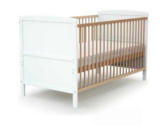 Lit bébé évolutif en bois avec matelas en bois ESSENTIEL Blanc et Hêtre Verni