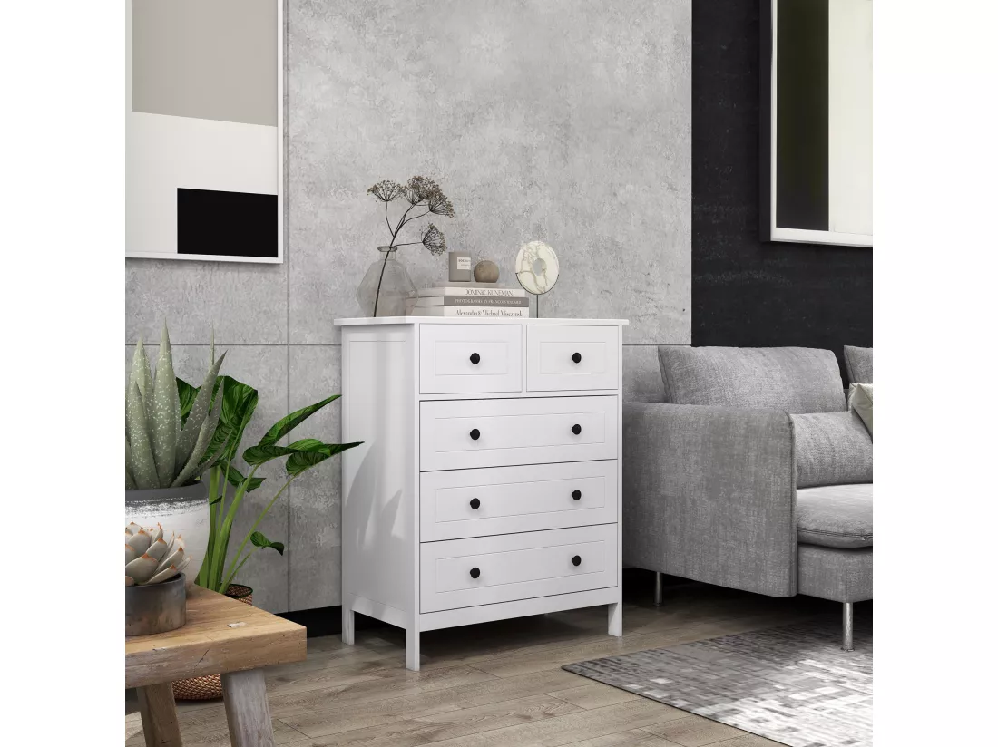 Commode 5 tiroirs style contemporain poignées boutons métal noir MDF panneaux blanc