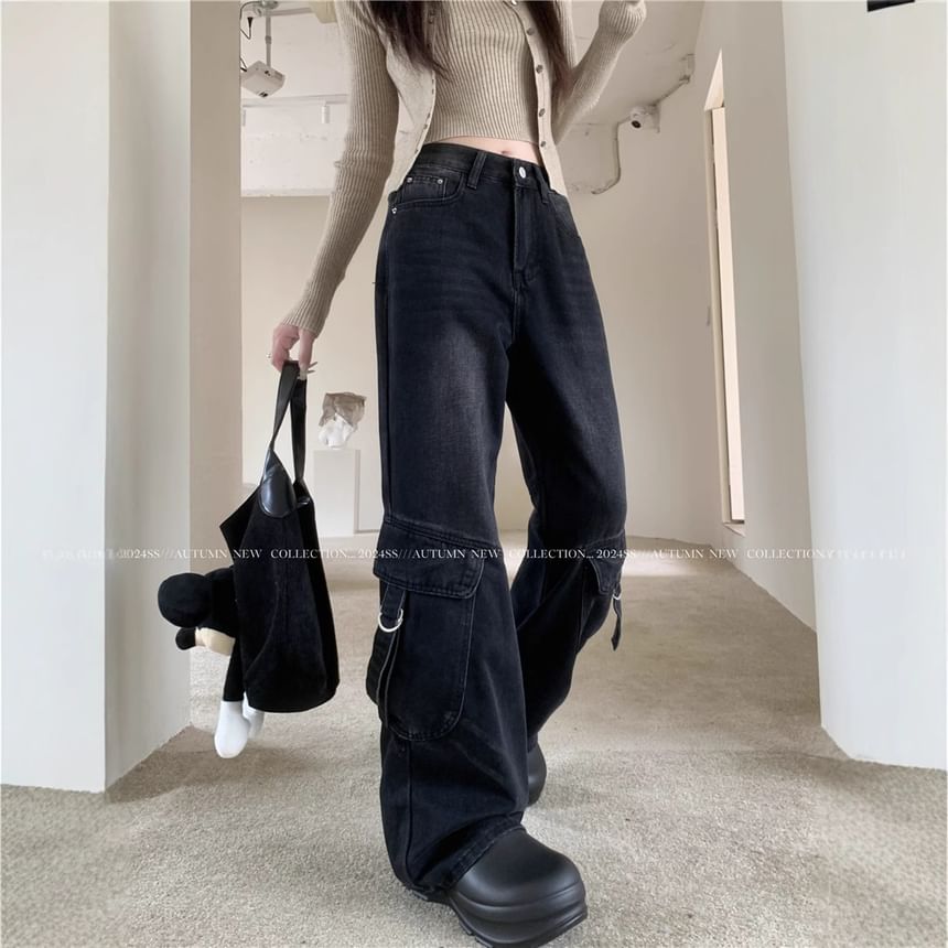 scenesweet - Mid Rise Washed Flared Cargo Jeans