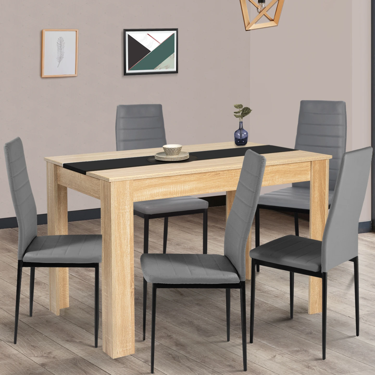 Table à manger rectangle ROZY 6 personnes façon hêtre et noire 110 cm