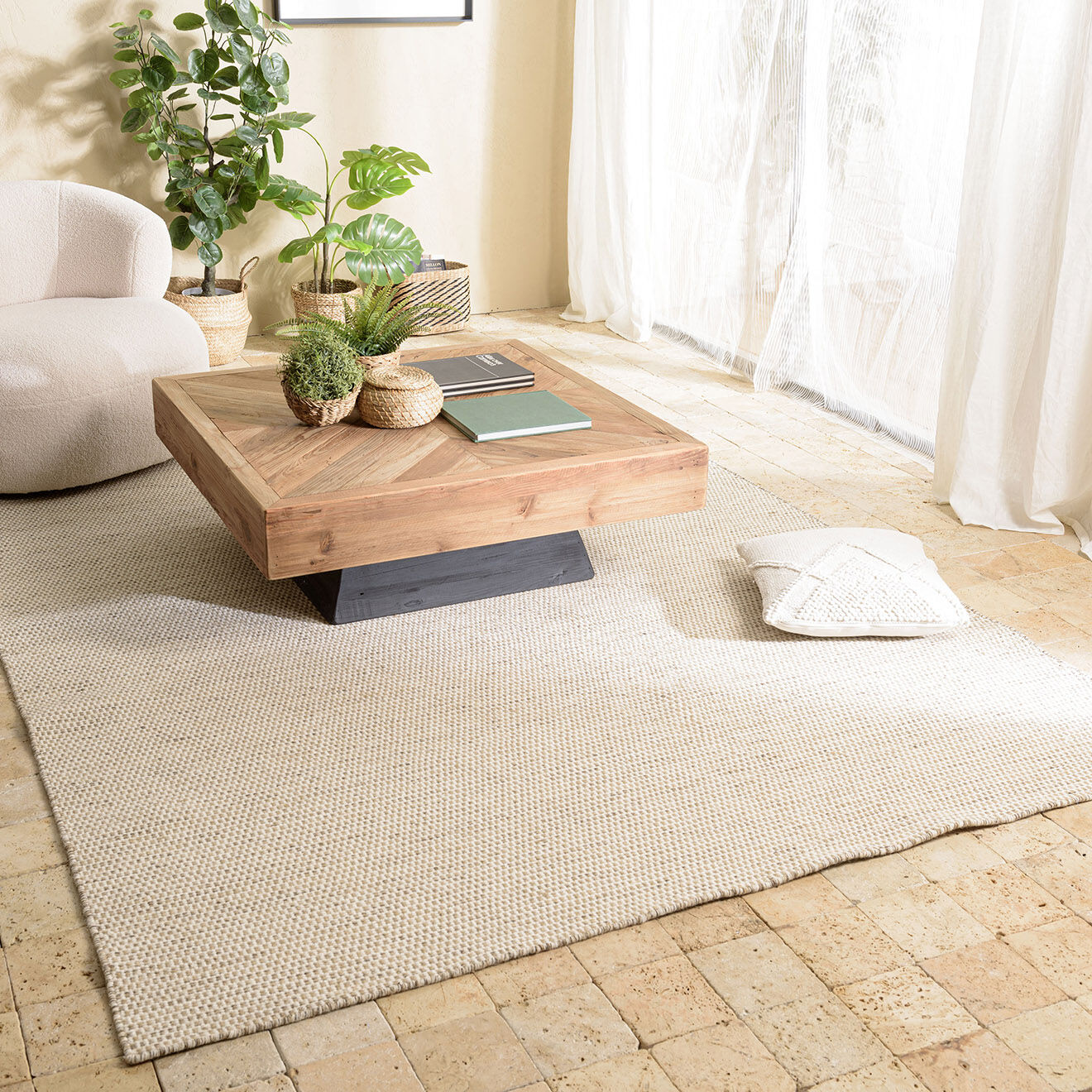 Macabane Tapis en Laine tissée Quentin blanc/marron chiné - 230x160 cm