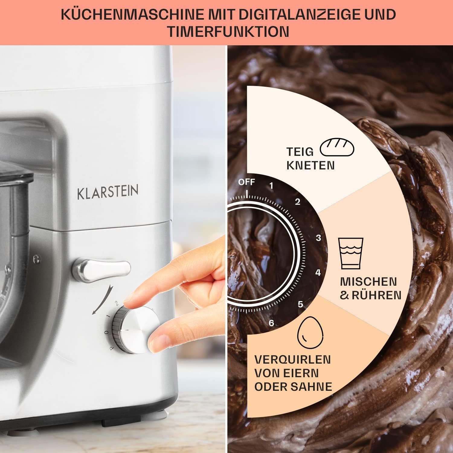 Klarstein Knetmaschine Küchenmaschine mit Fleischwolf, 1800W Teigmaschine Klein, 6 Stufen, Schneebesen Rühr- & Knethaken, Planetenrührwerk, Rührmaschine mit Mixer