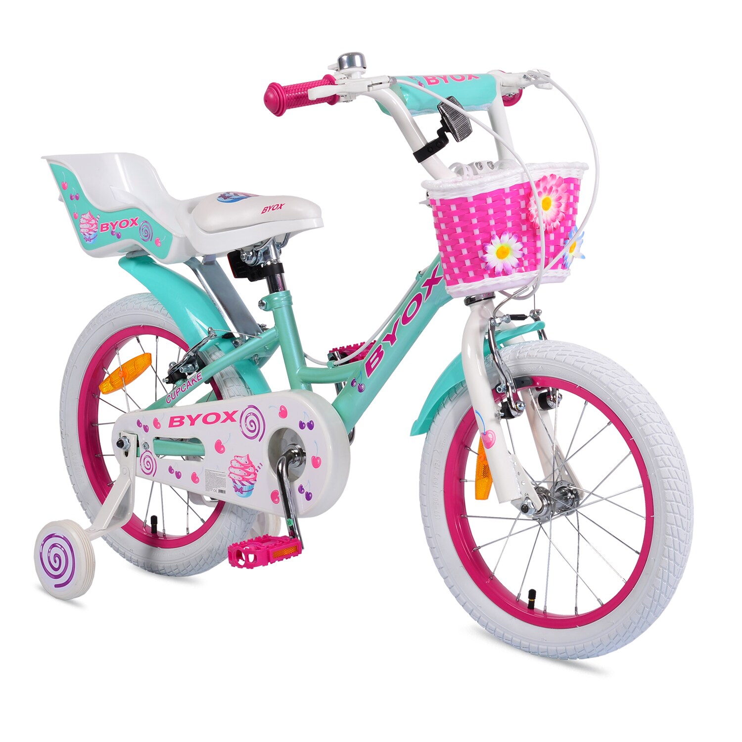 Byox Kinderfahrrad 16 Zoll Cupcake, Stützrädern, Puppensitz, Korb, Metallrahmen pink