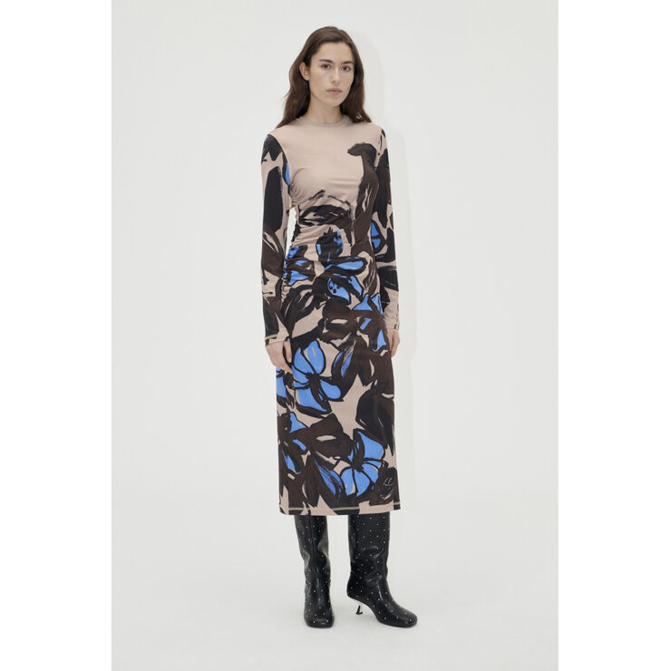 Stine Goya Gathered Long Sleeve Midi Dress, 2244 Stocking Jersey Eccentric floral