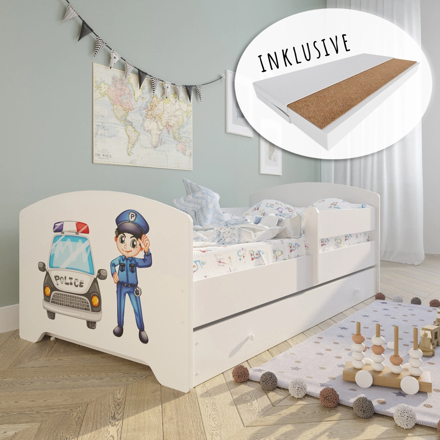 Kids Collective Kinderbett 70x140 | 80x160 cm mit Matratze und Schublade, Rausfallschutz Polizei Motiv