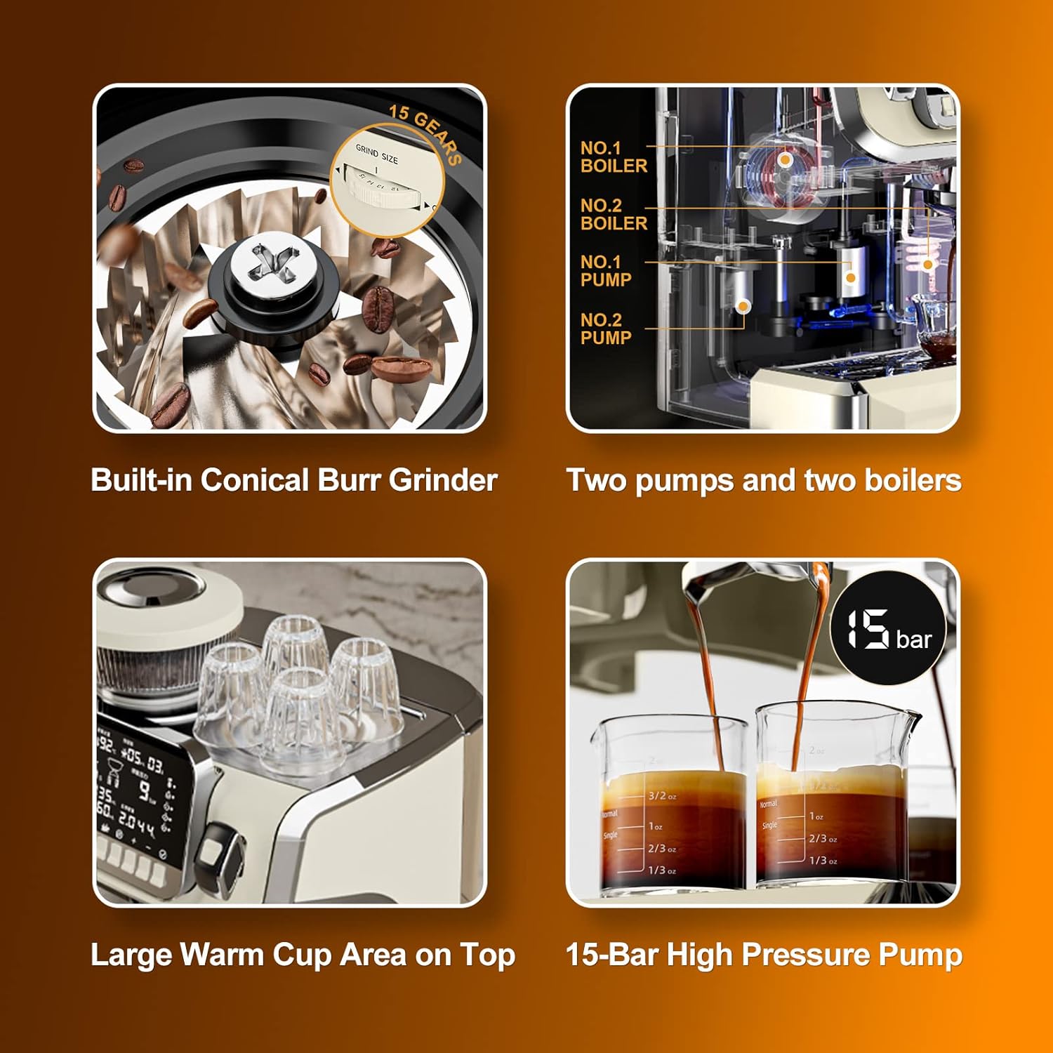 Mcilpoog TC520 Machine à expresso avec mousse à lait, Machine à café semi-automatique avec broyeur, Machine à café expresso facile à utiliser avec grand écran de 6 pouces, pompe à pression de 15 bar