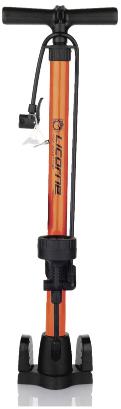 Licorne Bike Standpumpe, Klappbare Standfüße, Fahrradpumpe mit großem Manometer zur Druckanzeige, Dualkopf passend für alle Ventile (Dunlop Ventil, Französisches Ventil, Auto Ventil) (Orange)