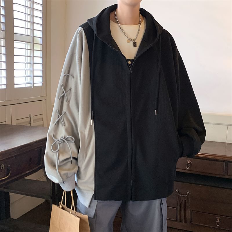 Derbundy - Tweekleurige oversized hoodie met vetersluiting en rits