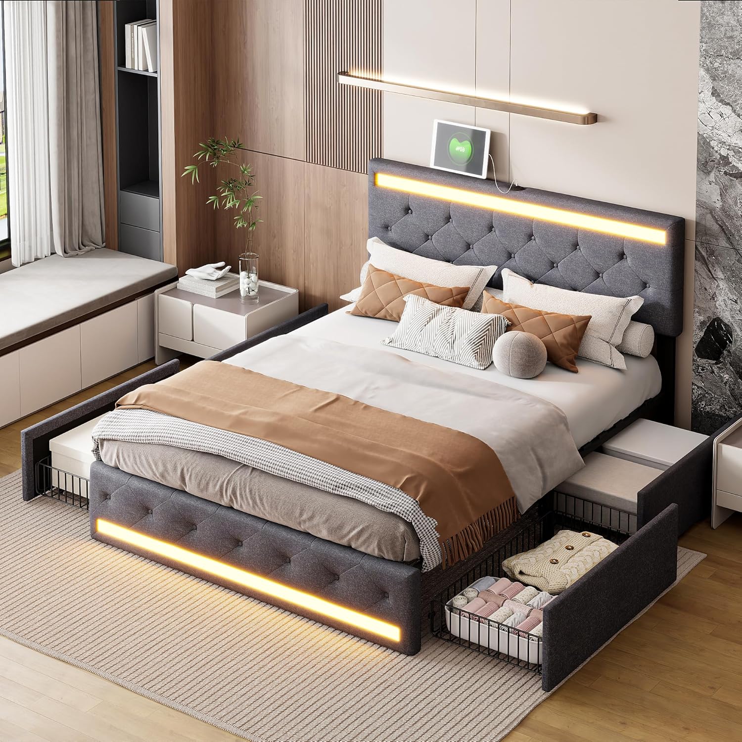 Polsterbett Doppelbett 180x200 cm, Stauraumbett mit 4 Schubladen, Bett 180x200 mit Bettkasten und Lattenrost, LED Kopfteil mit USB Ladestation, Jugendbett Funktionsbett Rückenlehne Bett, Leinen
