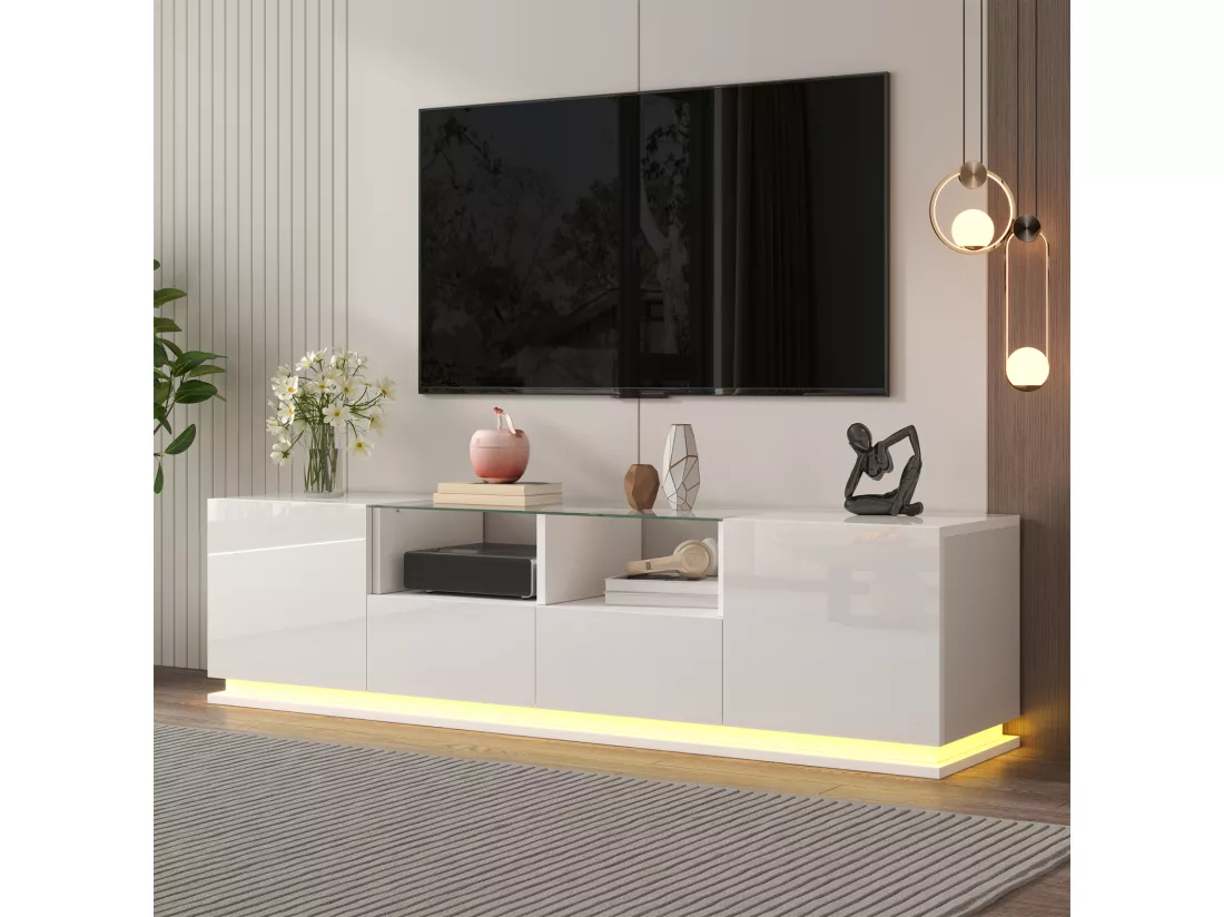 Meuble TV brillant 165x38x43cm, avec étagères en verre, 2 tiroirs et deux portes, LED, BLANC