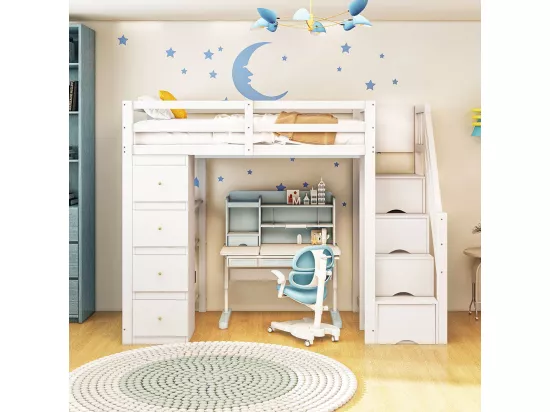 Lit mezzanine enfant 90x200 avec tiroir Commode avec étagères  échelle à grimper de sécurité avec tiroirs de rangement Blanc