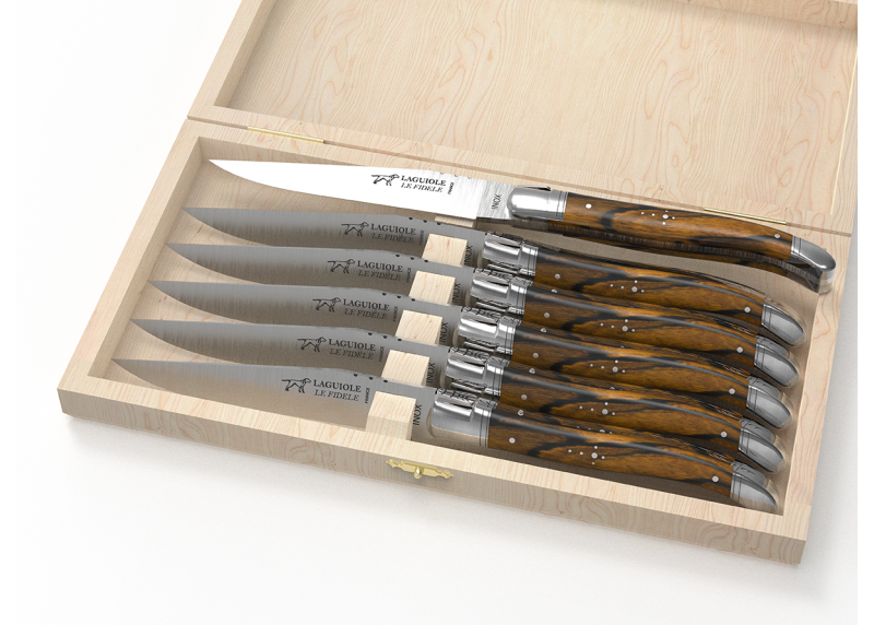 Service de 6 couteaux Laguiole avec un manche en bois d'ébène royal et mitres en acier inoxydable