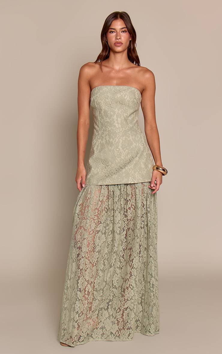 Vert Sauge Robe Midaxi Bustier À Panneau De Jupe En Dentelle Transparente