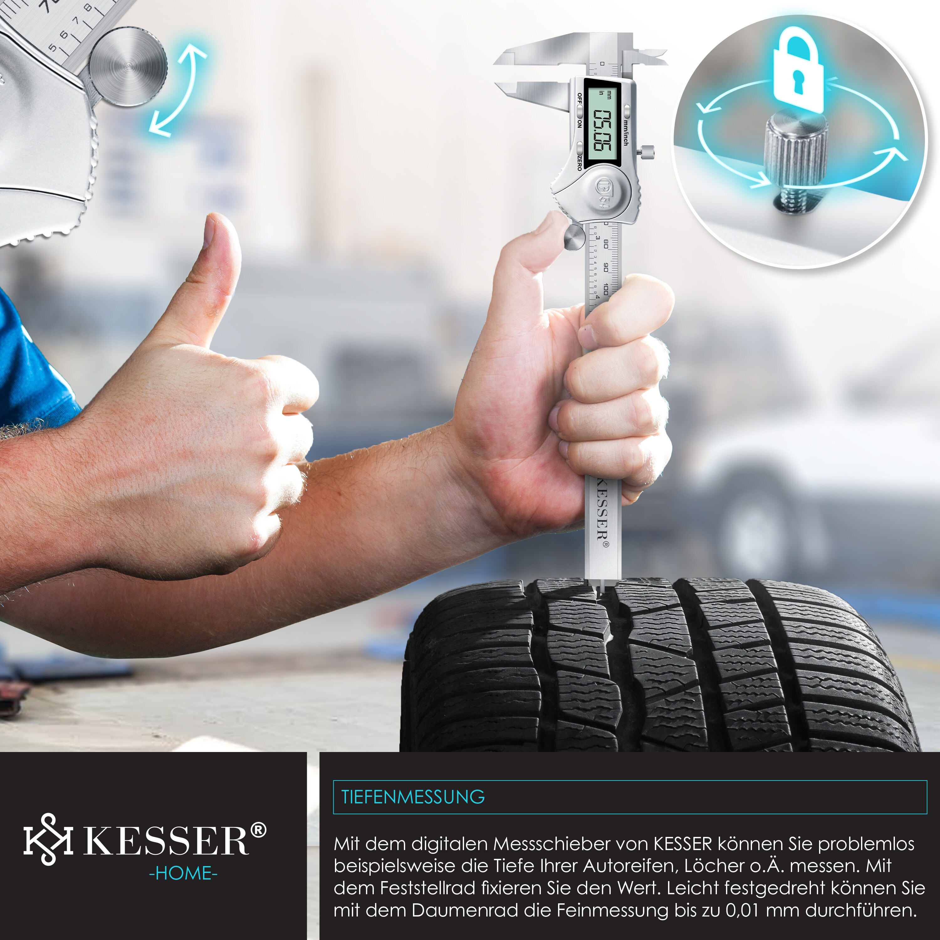 KESSER® Digital Messschieber Edelstahl 150mm LCD Display Inkl. Aufbewahrungsbox Ersatzbatterie Schieblehre Messlehre für Innen-, Außen feinste Abstände und Durchmesser IP54 Spritzwasserdicht