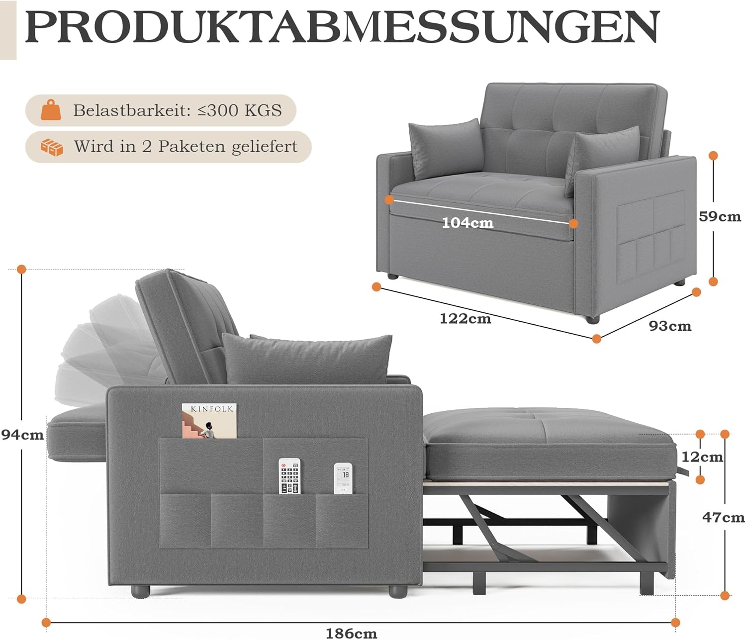 Schlafsofa 186 x 122 cm mit 5-stufig Verstellbarer Rückenlehne, 3-in-1 Schlafcouch mit Kissen und Seitentasche, hellgraues Leinen-Sofa für Gästezimmer & kleine Räume