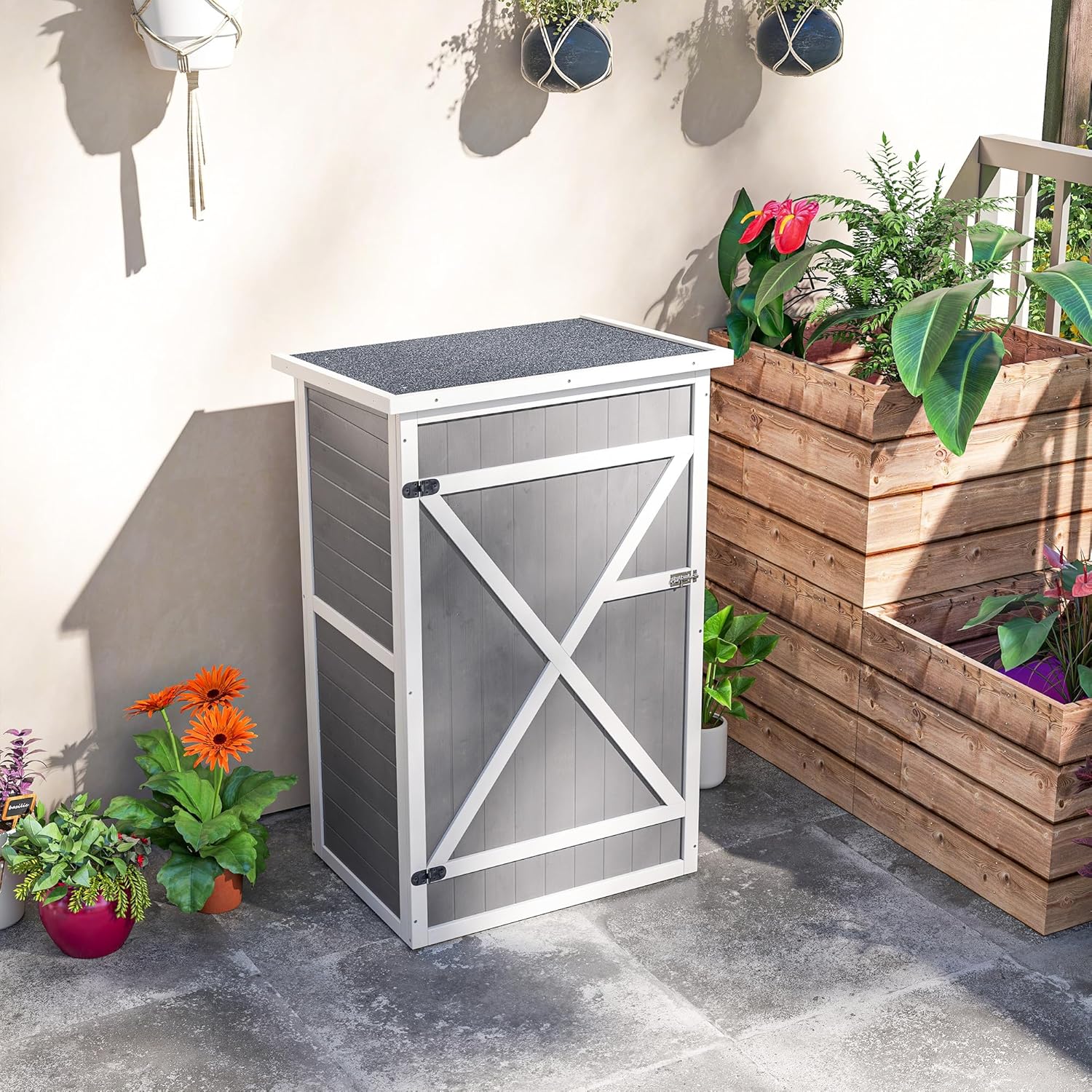Outsunny Gartenschrank Holz, Geräteschuppen wetterfest 75x56x115cm, Gerätehaus mit Tür, Böden, Geräteschrank, Gartenhaus Werkzeugschrank Gartenschuppen für Garten, Terrasse, Hinterhof, Rasen, Grau
