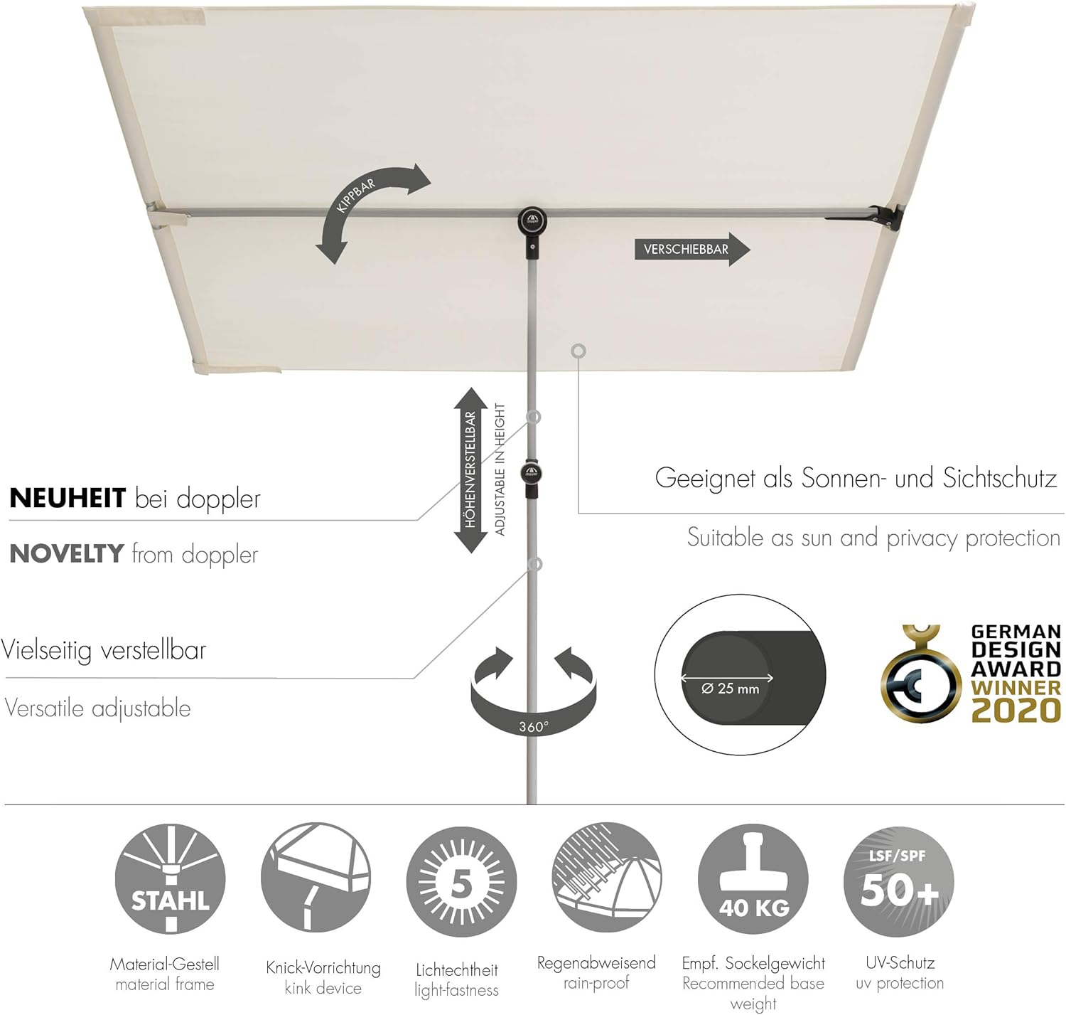 Doppler Active Balkonblende – Rechteckiger Sonnenschirm ideal für den Balkon –Plus Sichtschutz – 180x130 cm
