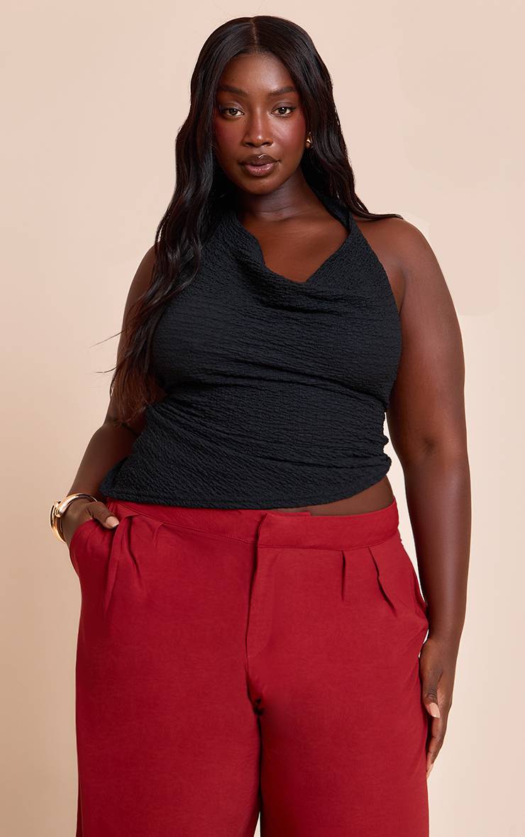 Noir Haut Long Grande Taille Col Bénitier Texturé Ourlet Asymétrique