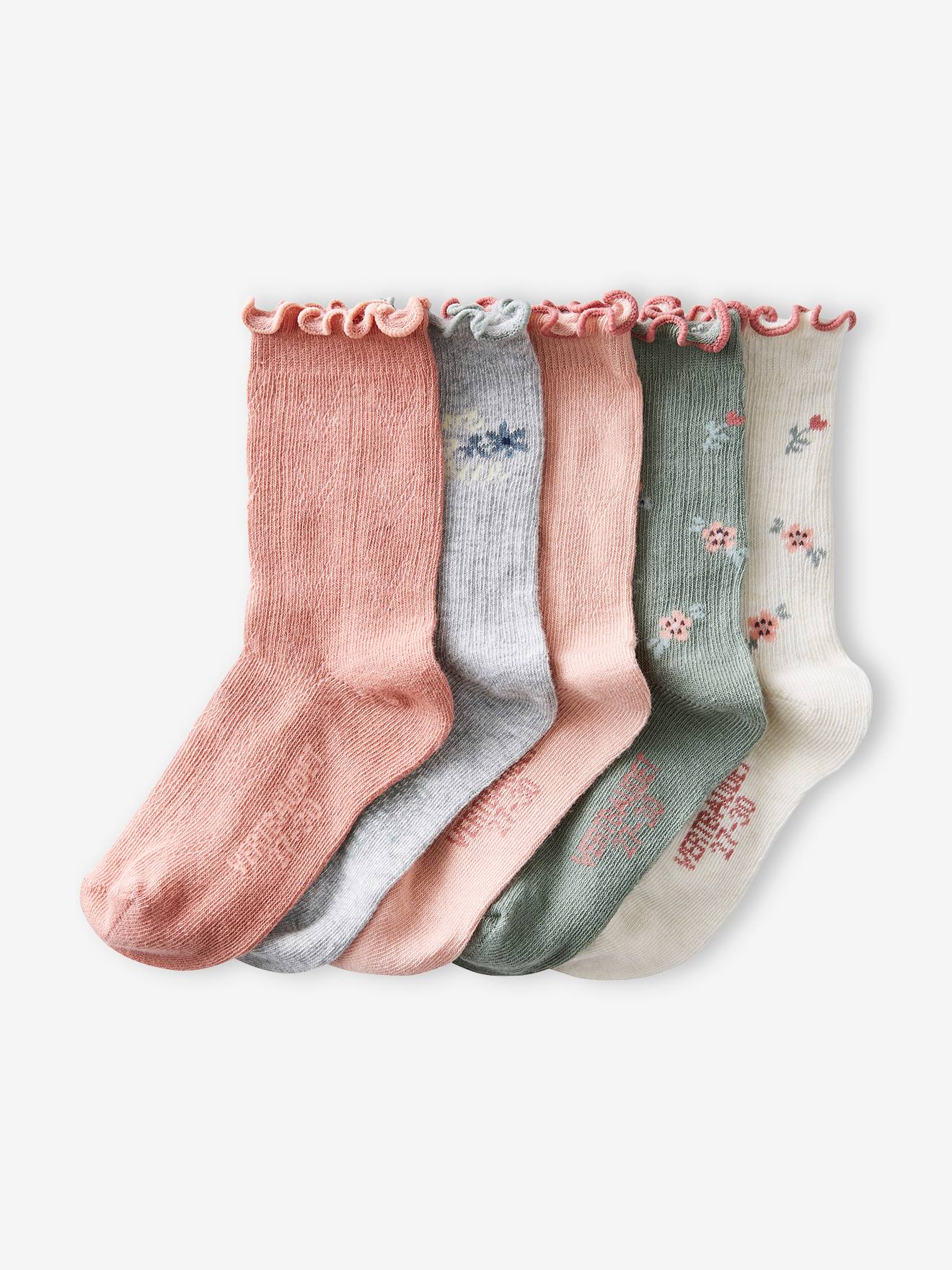 Pacote com 5 pares de meias caneladas/revestidas para meninas, rosa chiclete