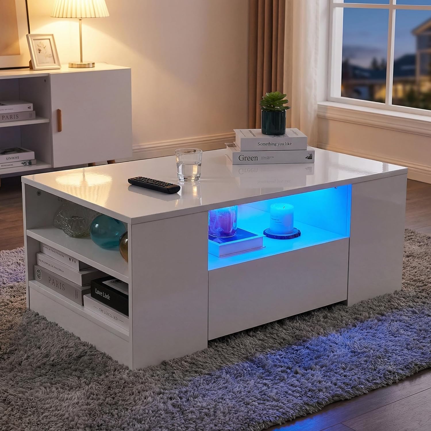 Couchtisch mit LED-Beleuchtung, Modern Sofatisch Wohnzimmertisch mit 2 Schublade, 100x55x37cm