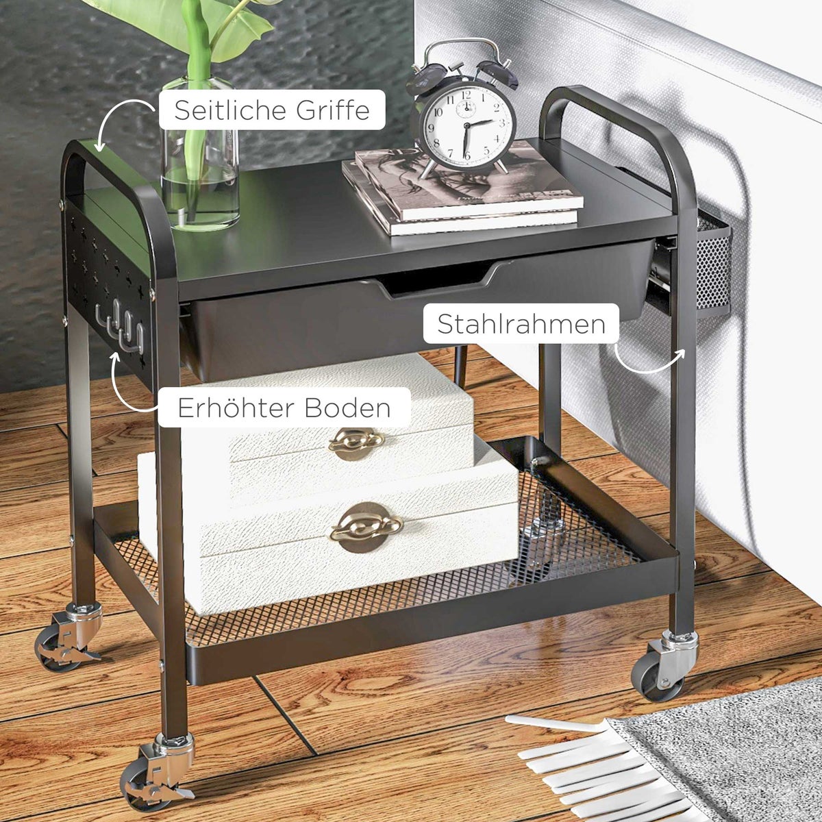 HOMCOM Serveerwagen, Rolwagen met 1 Lade, 1 Plank, Opbergwagen, Bijzettafel met Haken, Keukenwagen voor Keuken, Woonkamer, Staal, Zwart
