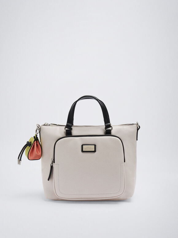 Bolsa tote com pingente removível - Branco-creme