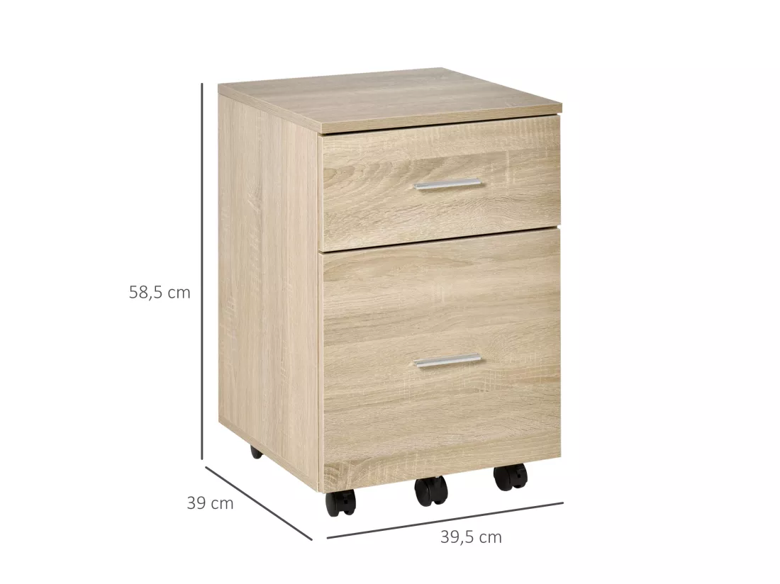 Caisson de bureau rangement bureau sur roulettes 2 tiroirs panneaux particules aspect bois chêne clair
