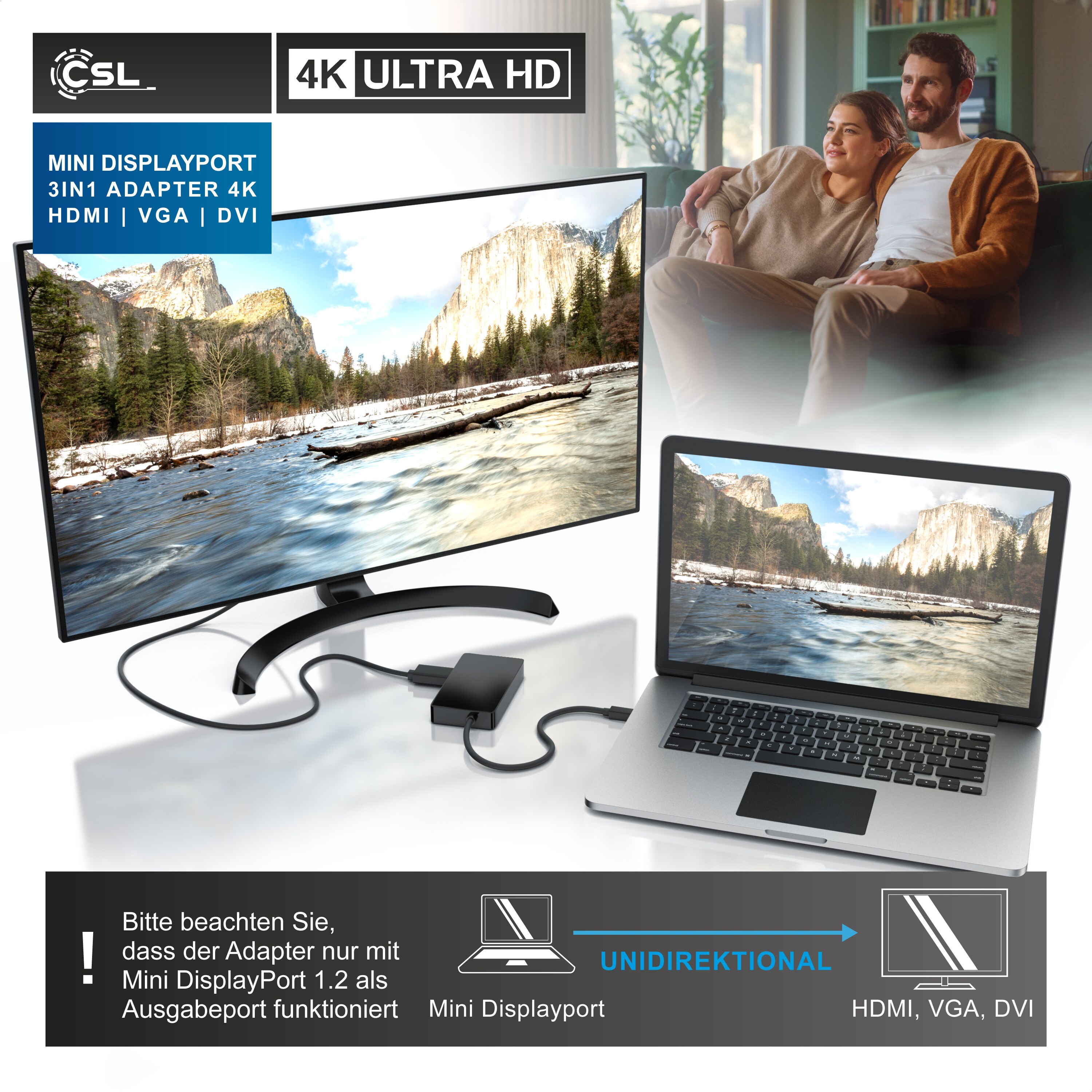 CSL 3in1 Mini DisplayPort zu HDMI, DVI, VGA Adapter Konverter, miniDP 1.2 4k 3840x2160 UHD 2160p, 0,15m